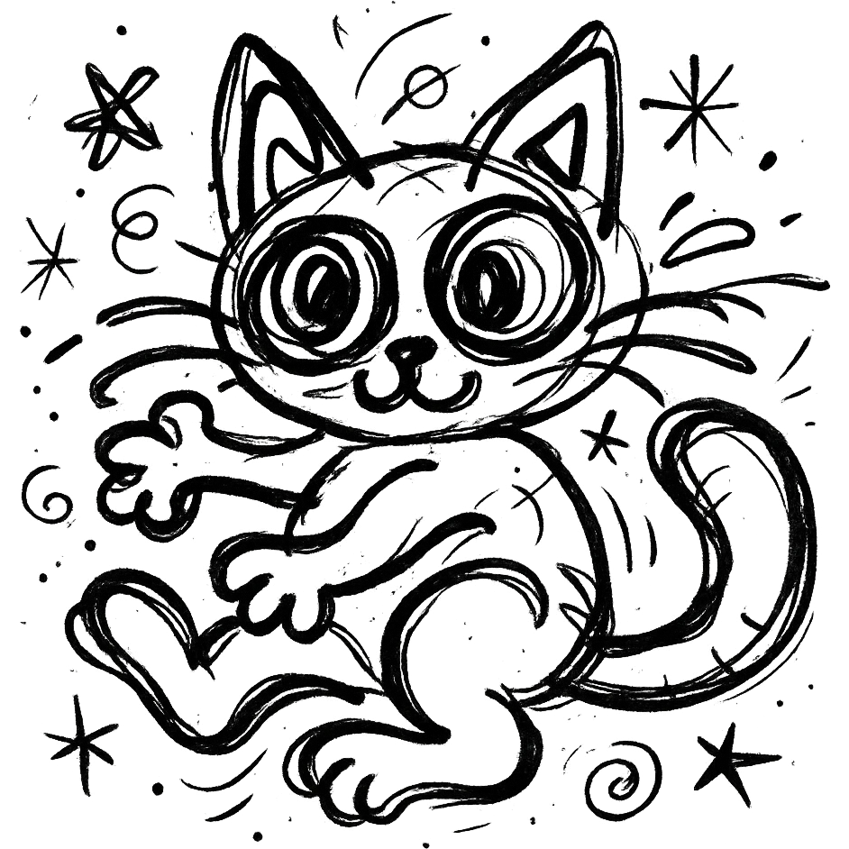chaotic outlined icon of a cute cat with big eyes and a playful pose emoji
