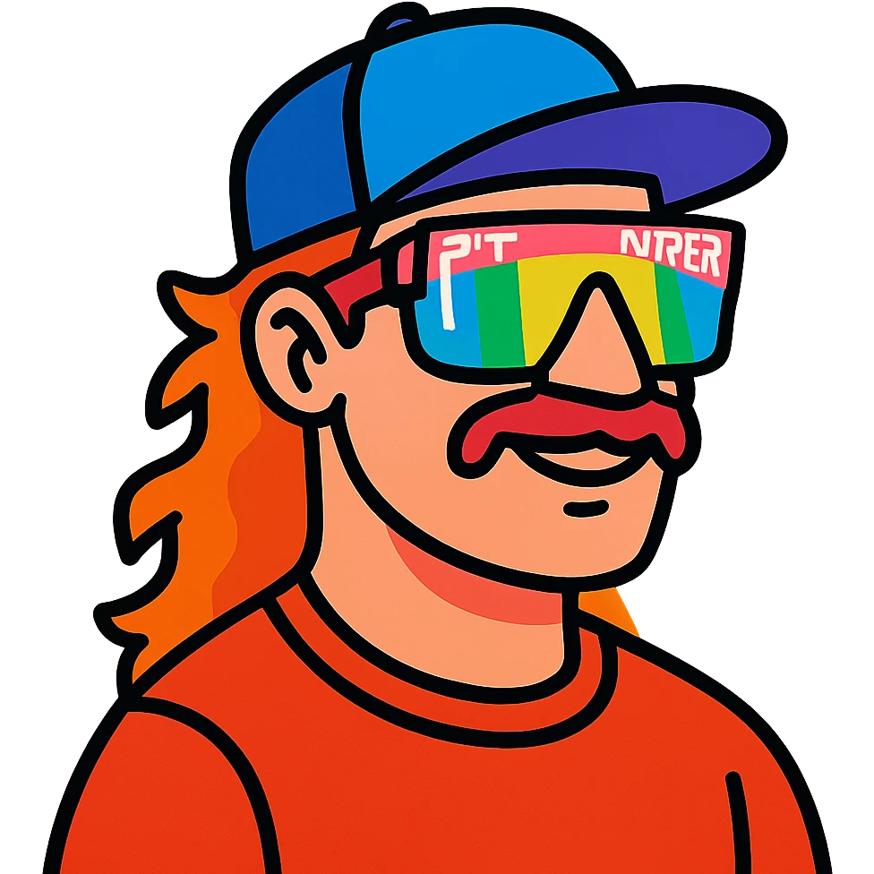 vibrant toon style guy with mullet and baseball cap, wearing polarized Pit Viper glasses emoji