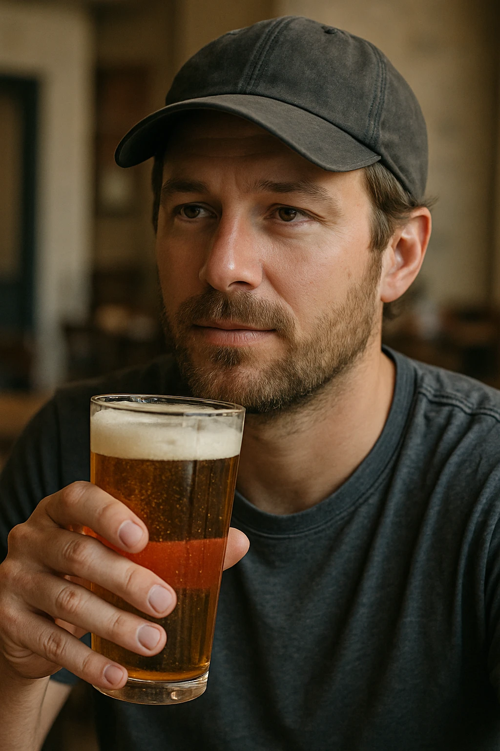 A man wearing a baseball cap holding a glass of beer emoji