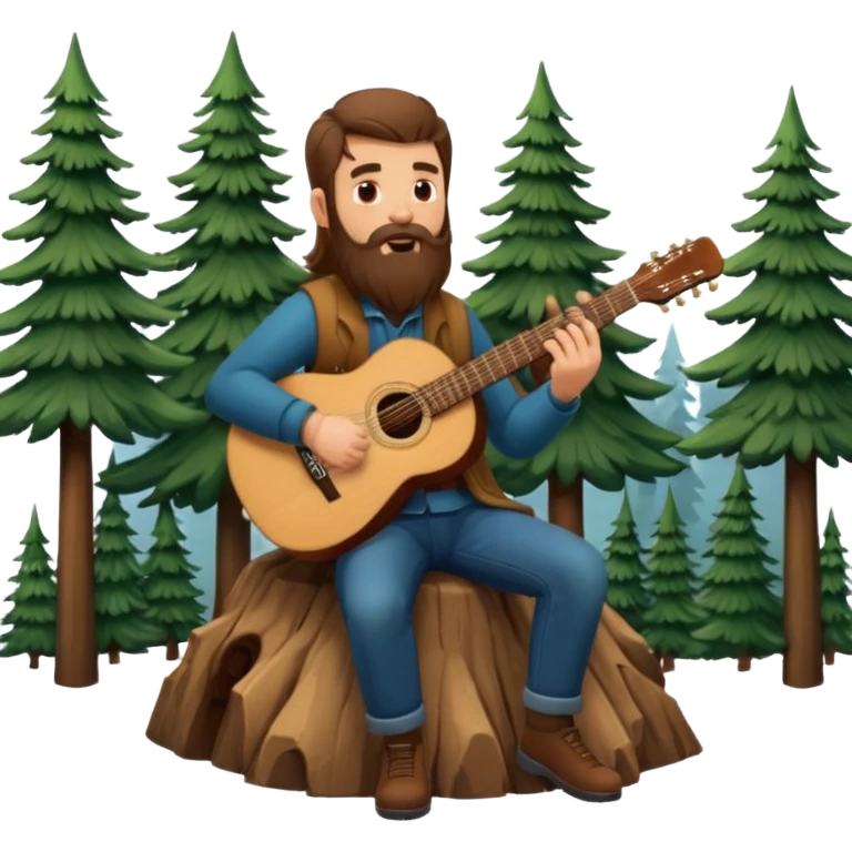 forest sticker character, bearded man with long brown hair playing acoustic guitar by pine trees emoji