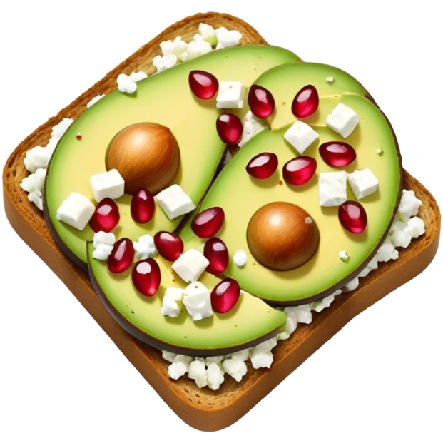 Sliced Avocado toast with pomegranate seeds and feta cheese emoji