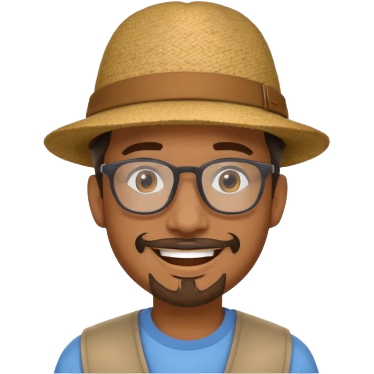 Brown man smiling no teeth showing with hat, clear glasses and goatee emoji