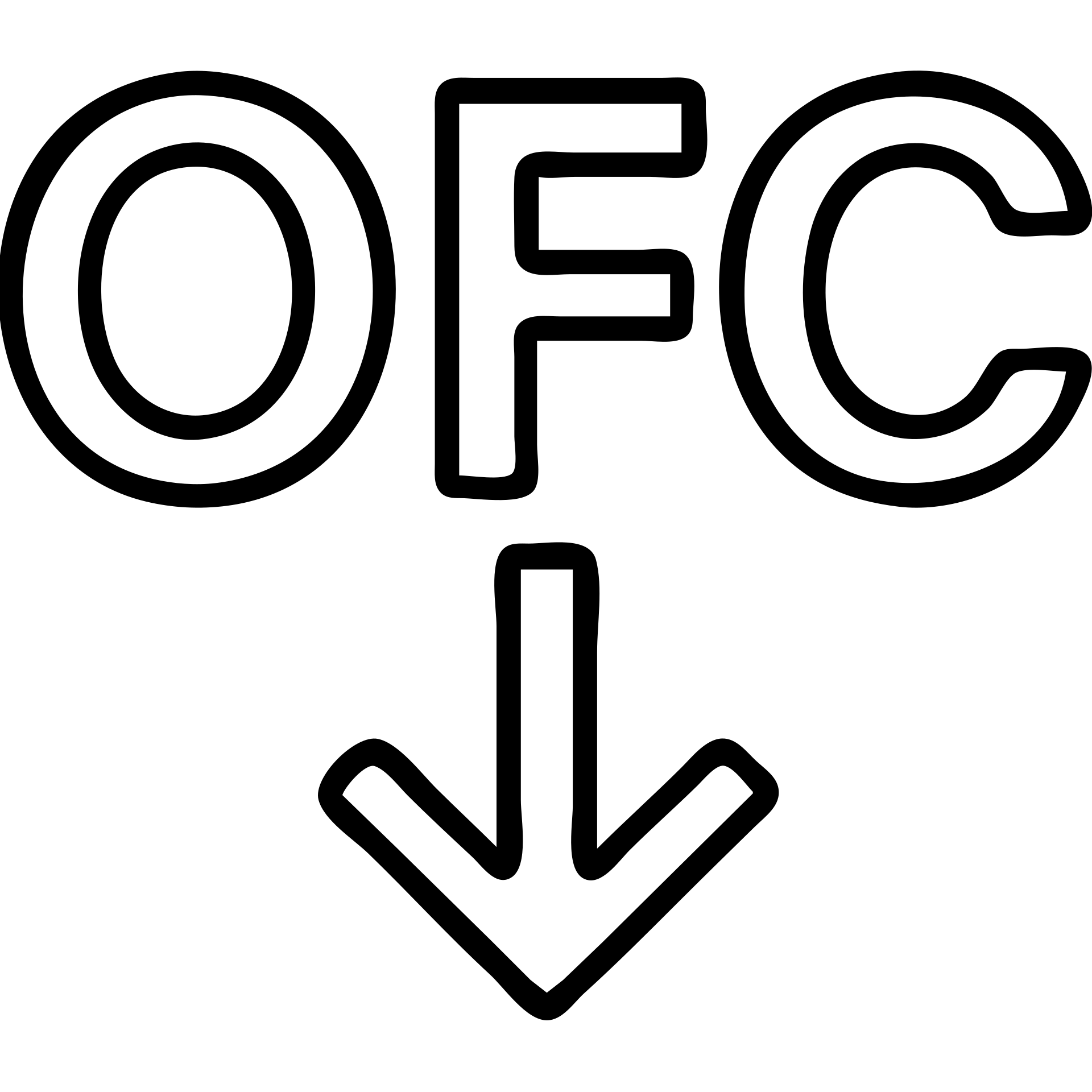 Letters OFC with a downward arrow underneath emoji