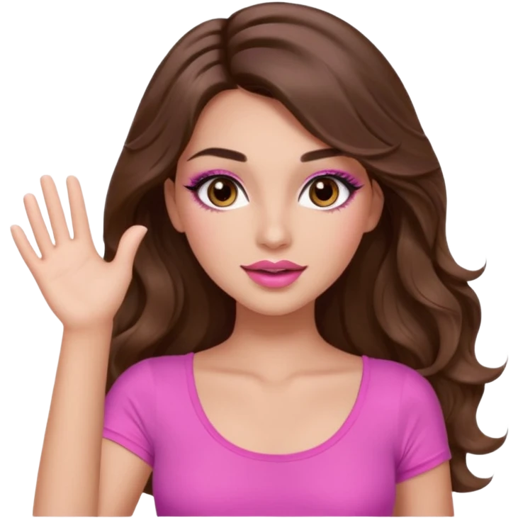 girl with long wavy brown hair, brown eyes, long lashes makeup, sexy pink lips, light to medium complexion, wearing a pink sexy top, one hand in the air high emoji