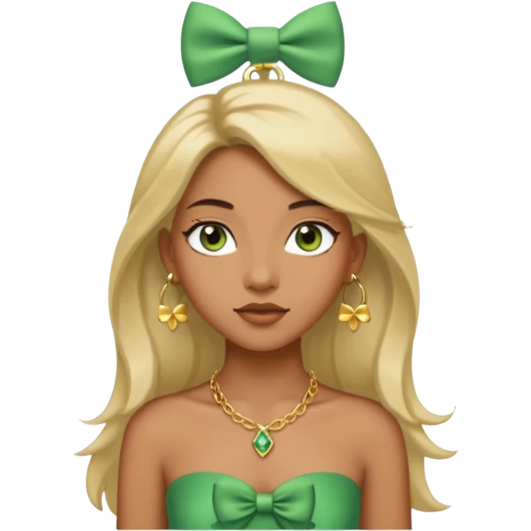 Girl with brown and green eyes light brown skin gold earrings with a gold thin chain white tube top shirt white bow in hair with long type 3b hair emoji