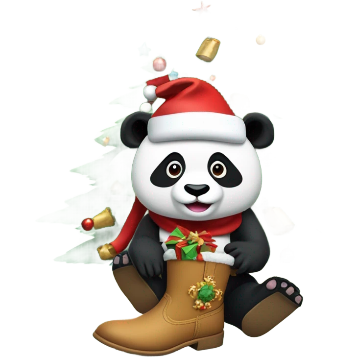 Panda wearing cowboy boots with a Santa hat on, sitting in a Christmas tree, holding a Christmas	 cracker, and make all of this look under the sea emoji