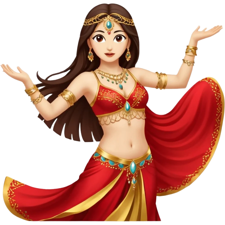 Elegant belly dancer emoji, mid-movement, wearing red and gold costume, one arm raised, flowing hair, minimal vector style, expressive and clear, transparent background. emoji