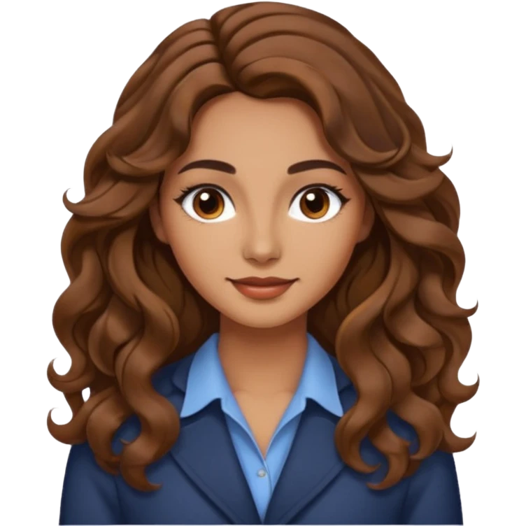 She has long, brown hair styled in soft wavy curls with a middle part. She has well-shaped eyebrows and dark brown eyes. She is wearing light makeup that highlights her natural beauty and is offering a slight smile to the camera.  emoji