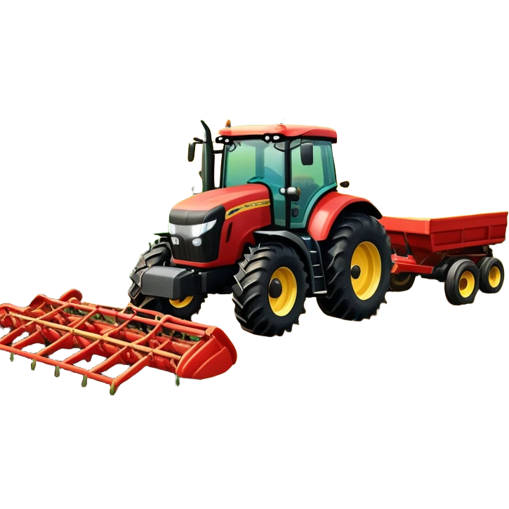 An icon representing a Farming Simulator 22, with a detailed tractor, plowing fields under a bright sky with a colorful rural landscape. The design includes farming tools, crops and barns, symbolizing the immersive experience of managing a farm. Transparent background. emoji