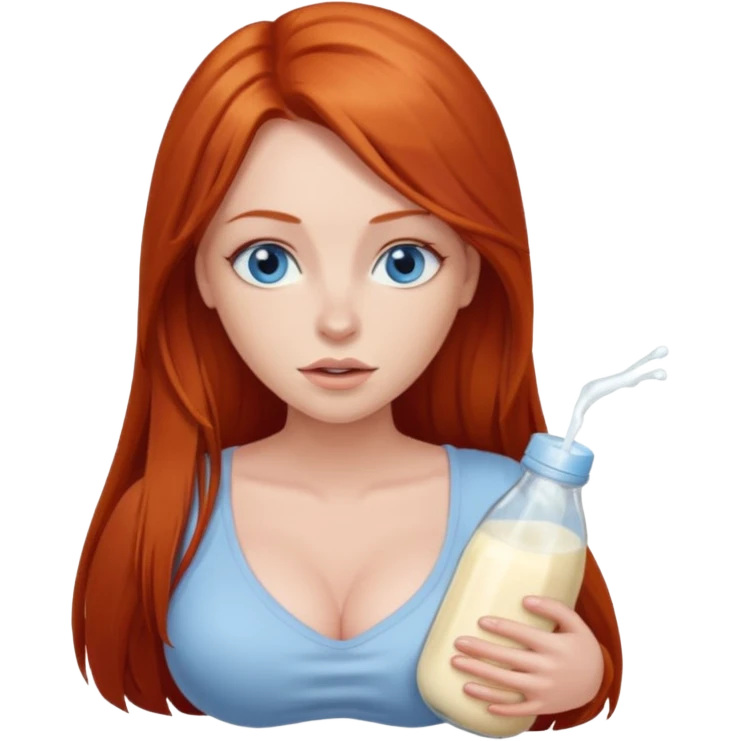 A red head with long straight hair, she has blue eyes with big boobs leaking breastmilk emoji