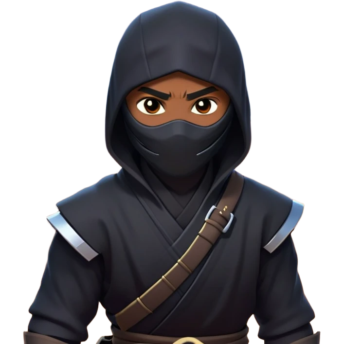 clash-of-clans-aesthetic_-cinematic-mysterious-male-ninja-portrait-emoji, rendered in a flat, vector-style with minimal shading and bold, simplified shapes, with a head slightly turned revealing intense, focused eyes, perched riding on an agile trained panther with glossy fur moving silently through shadowed urban rooftops and moonlit alleyways. emoji