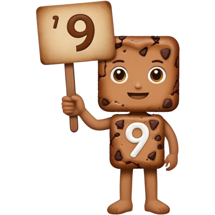 A food brownie holding up a sign with the number 9 on it emoji