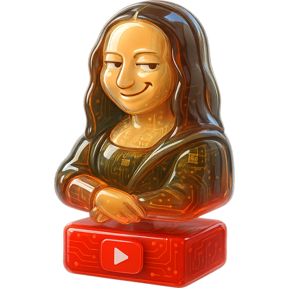 Mona Lisa with a playful sarcastic grin, red YouTube play button, glossy circuit style, in red box emoji