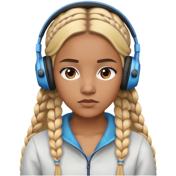 "- Nữ
- 20 tuổi
- Da nâu
- Tóc tết 2 bím, tóc vàng
- Đeo tai nghe
- Mặt nghiêm túc
" emoji