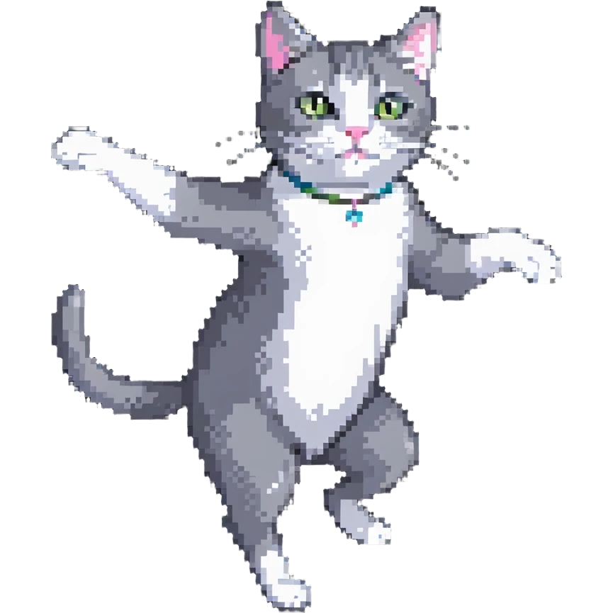 A grey cat with a white breast is dancing emoji