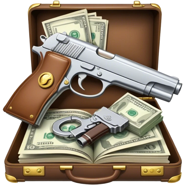 Icon for Action & Crime Reading: an open book with action-packed scenes, featuring a gun, handcuffs, a detective's badge and a briefcase with money. The icon should capture the tension and excitement of crime and action stories. Transparent background. emoji