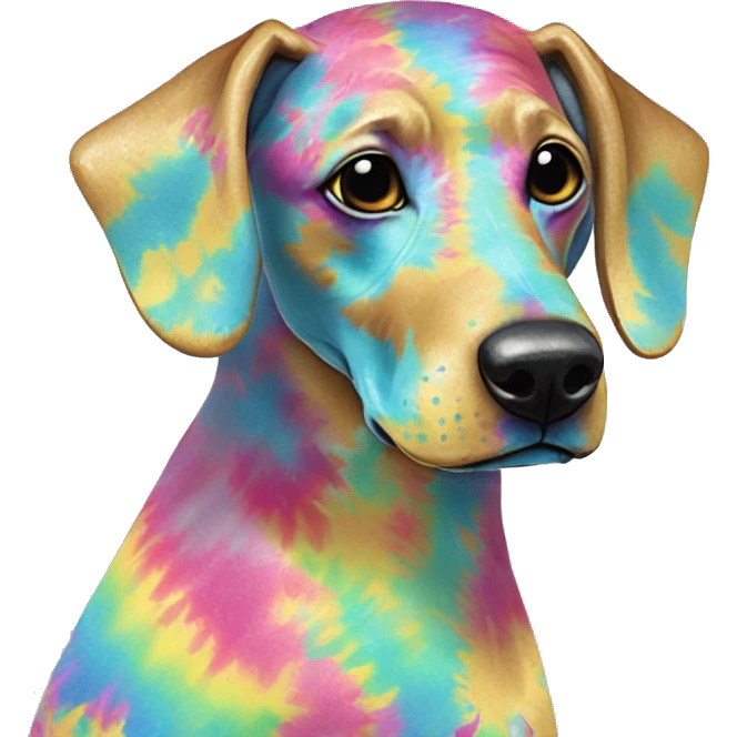 Multicolored rainbow retro groovy tie dye hippie trippy floral patterns on a metallic holographic iridescent blue dog face head unicorn emoji