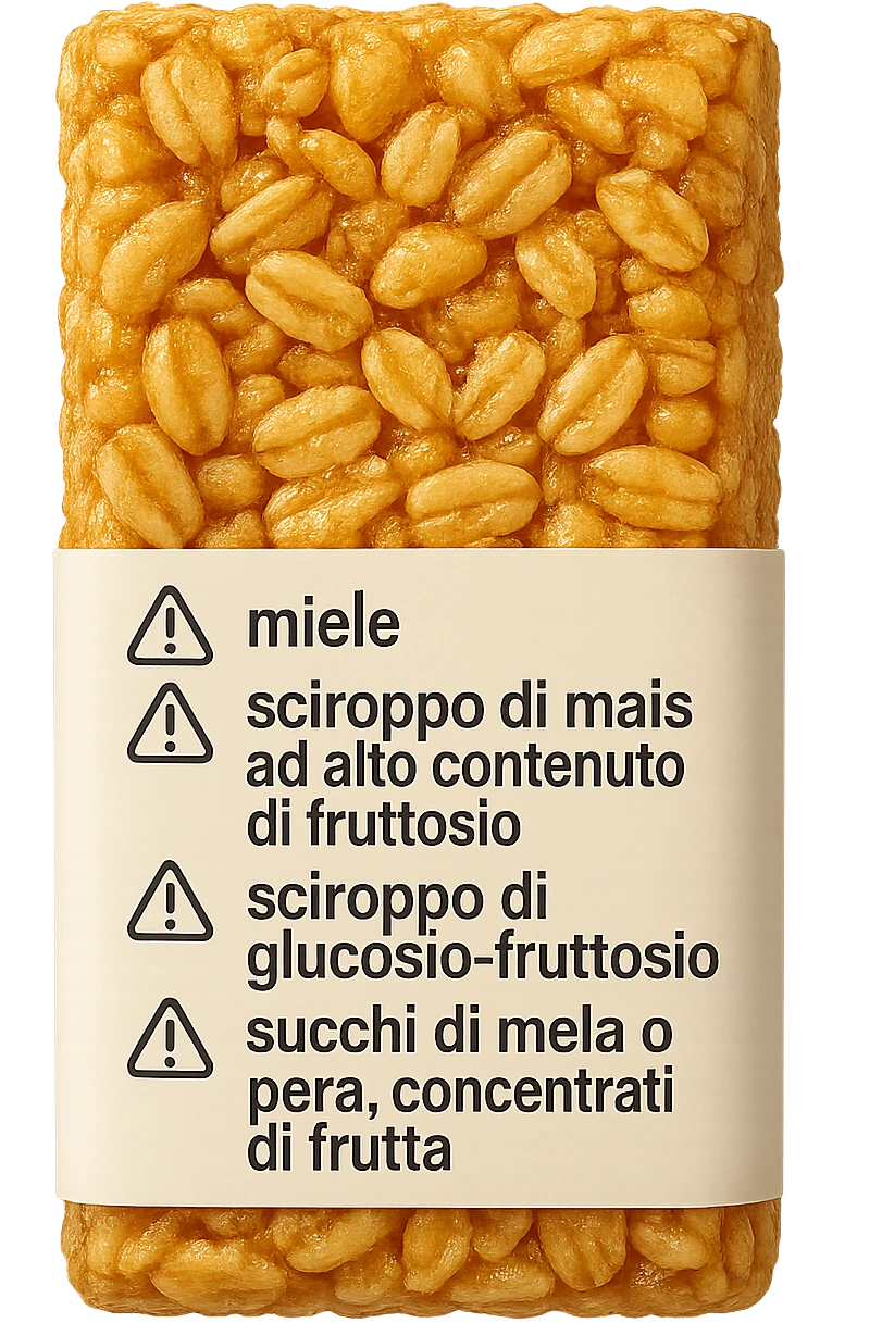 SU QUESTO STILE FAI UN EMOJI STILE IPHONE 3D DI UNa barretta ai cereali con ETICHETTA CON GLI INGREDIENTI SCRITTI, "miele, sciroppo di mais ad alto contenuto di fruttosio, sciroppo di glucosio-fruttosio, succhi di mela o pera,
concentrati di frutta" accanto ad ogni nome scritto mettici un segnale di allarme, FALLO MOLTO REALISTICO IN 3D emoji