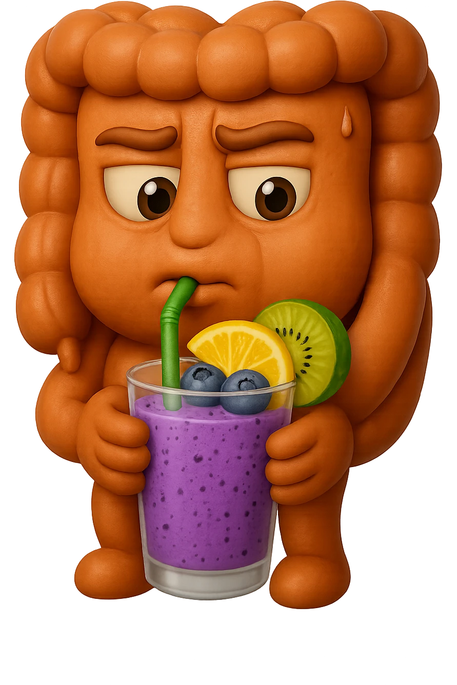 EMOJI STILE IPHONE DI un intestino umano anatomico che beve un frullato di mirtilli, ananas, kiwi, fagli anche la parte bianca degli occhi, non solo le pupille, REALISTICo 4K emoji