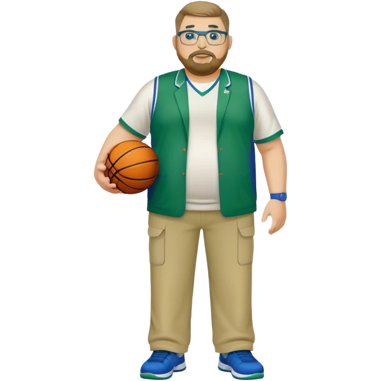 full body white obese male basketball coach with trophy. Goatee , Wearing glasses and blue and green polio and khaki pants emoji
