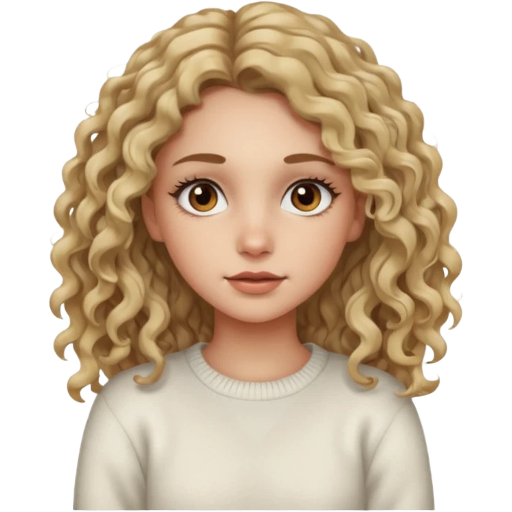 a dirty blonde girl with brown eyes and make her wearing a white sweater and  with really long curly hair and white skin color, long hair and really big lashes emoji