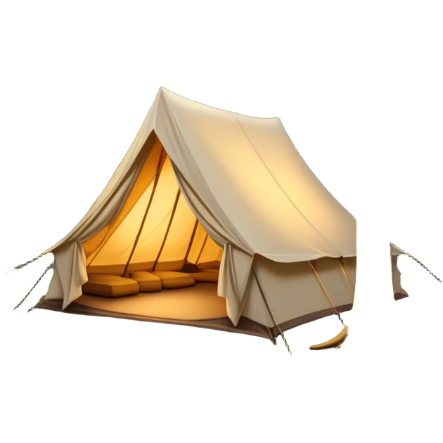 Cinematic Realistic Tent, a sturdy canvas tent nestled among tall trees, warm golden light spilling from inside, gentle folds in the fabric visible, glowing against the cool, dark forest backdrop, evoking a sense of adventure and comfort. emoji