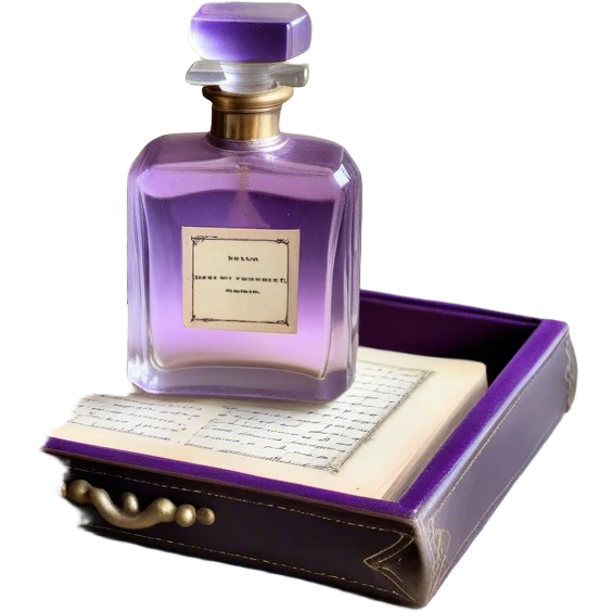 An ornate glass perfume bottle, filled with a delicate violet-hued elixir, rests on a lace-covered vanity tray, surrounded by pressed pansies in shades of lavender, plum, and amethyst, their petals softly curling with time. A worn leather-bound poetry book, its pages kissed with faded lilac ink, lies open beside it, exuding whispers of forgotten verses and fleeting romance emoji
