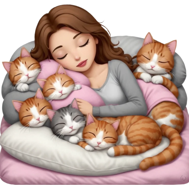 girl with long wavy brown hair, brown eyes, long lashes makeup, sexy pink lips, light to medium complexion,  sleeping on a cozy pillow, with 6 cats: 1 brown and white tabby cat, 1 ginger and white, 2 grey and white, 1 grey with white mittens and small white patch on chest and 1 calico, sleeping emoji