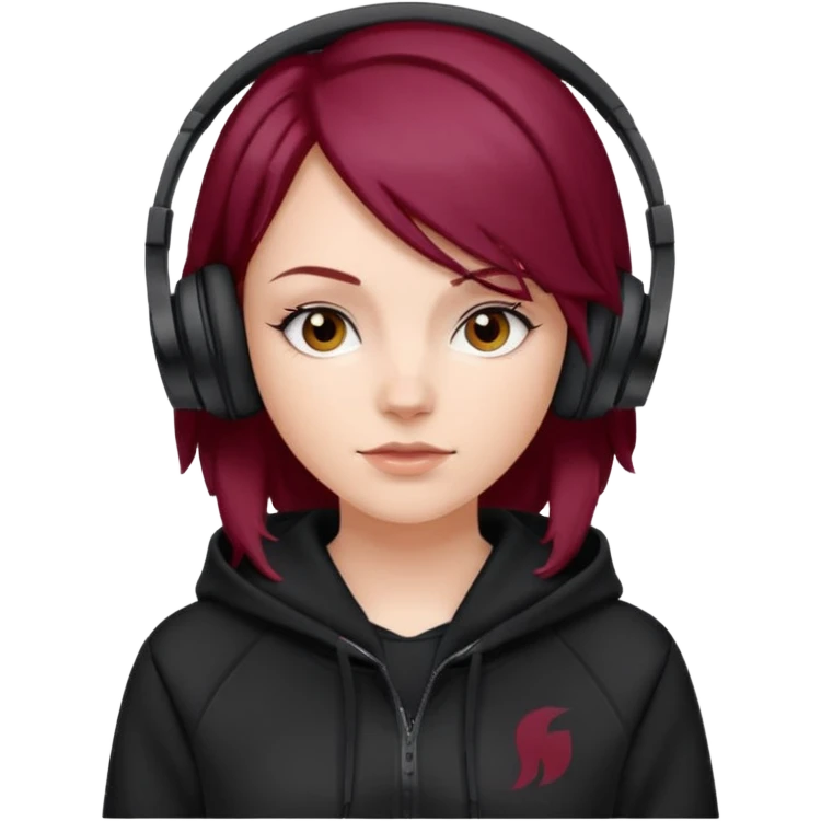 white girl with burgundy hair, black deportive hoodie and black headphones emoji
