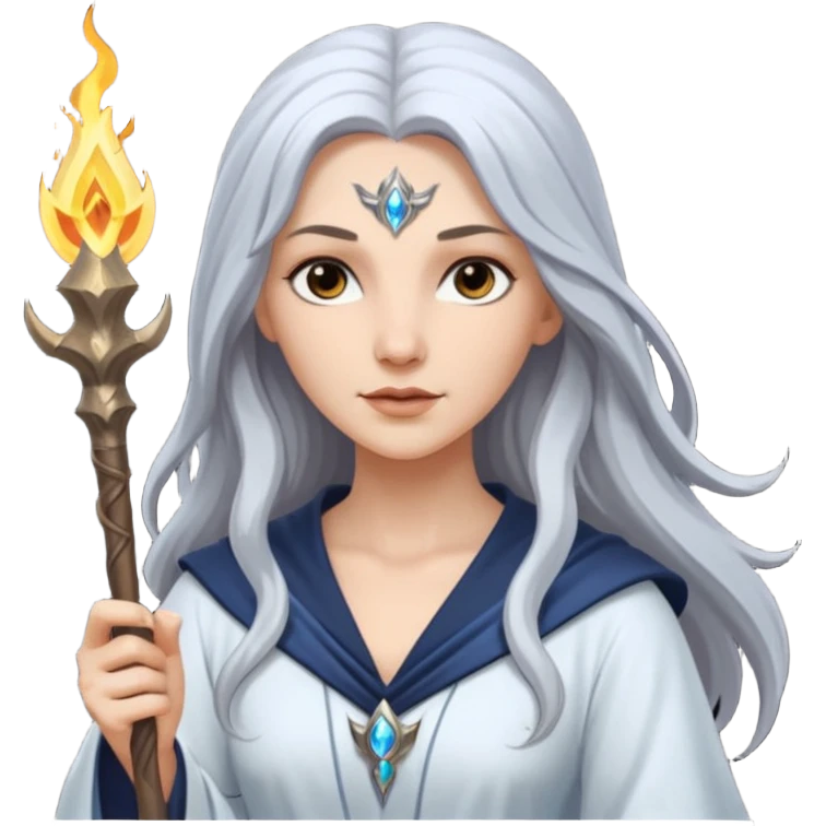 White silver Long Haired Women, Sorceress with staff — flowing white hair, calm face. emoji
