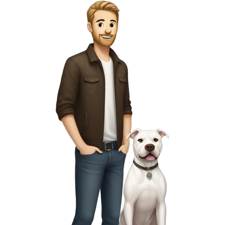 white male with dark brown hair and a lightly scruffy beard shadow standing alongside a white pitbull emoji