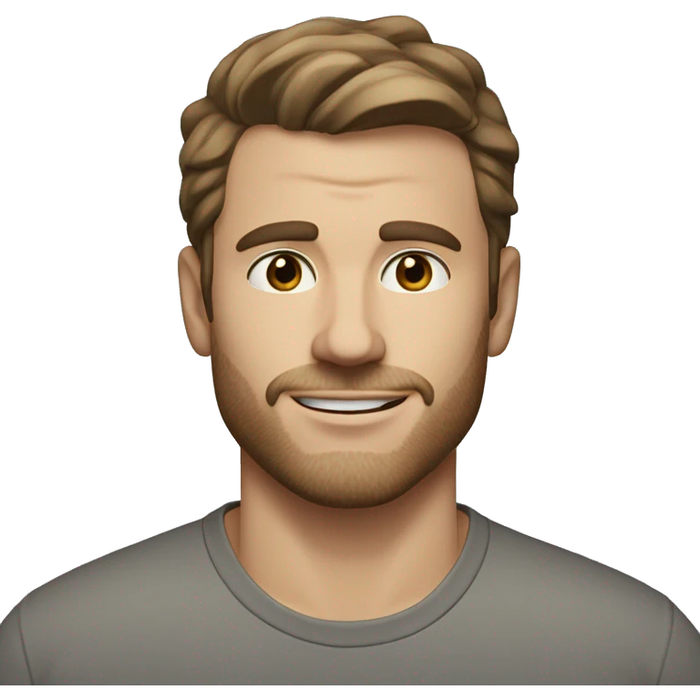 A head and shoulders shot of a 32 year old white man, with short brown hair, with none facial hair,   with brown eyes wearing a t-shirt. emoji