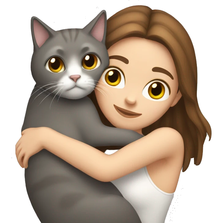 White girl with brown hair hugging grey cat emoji