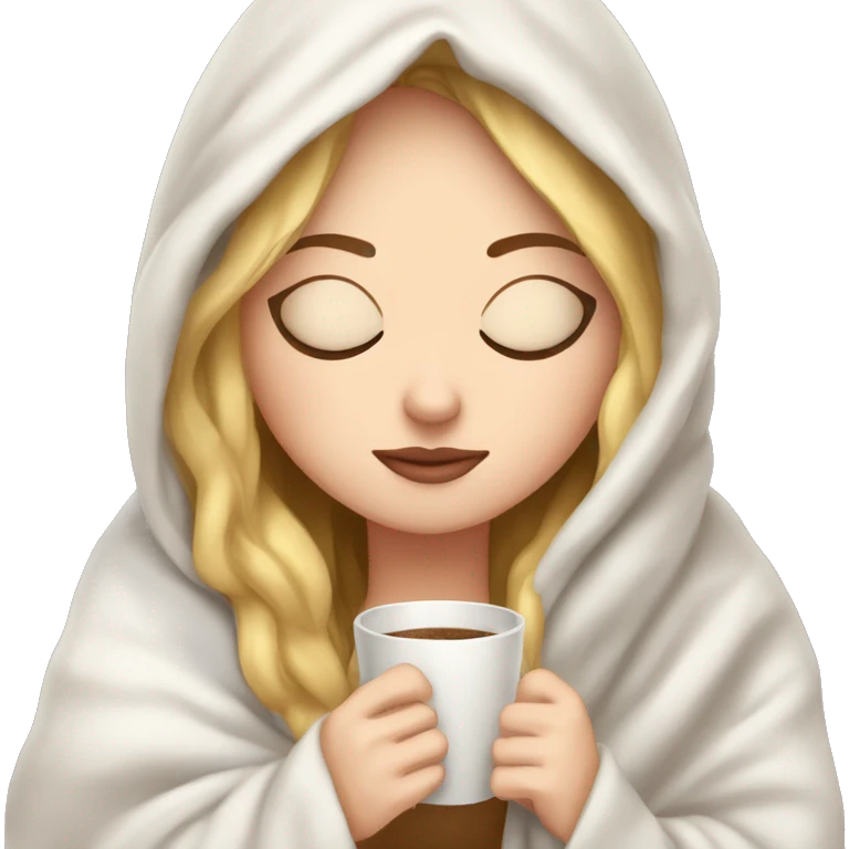 White girl inside a blanket sipping coffee eyes closed emoji