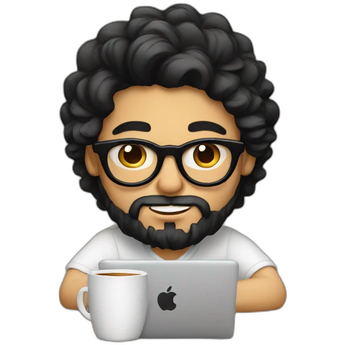 Designer with black hair, beard and glasses working with MacBook and drinking cappuccino  emoji