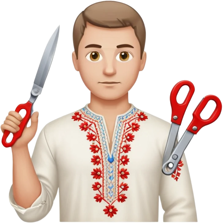 A Ukrainian man wearing traditional white embroidered vyshyvanka shirt holding red scissors in one hand and a spanner/wrench in the other hand emoji