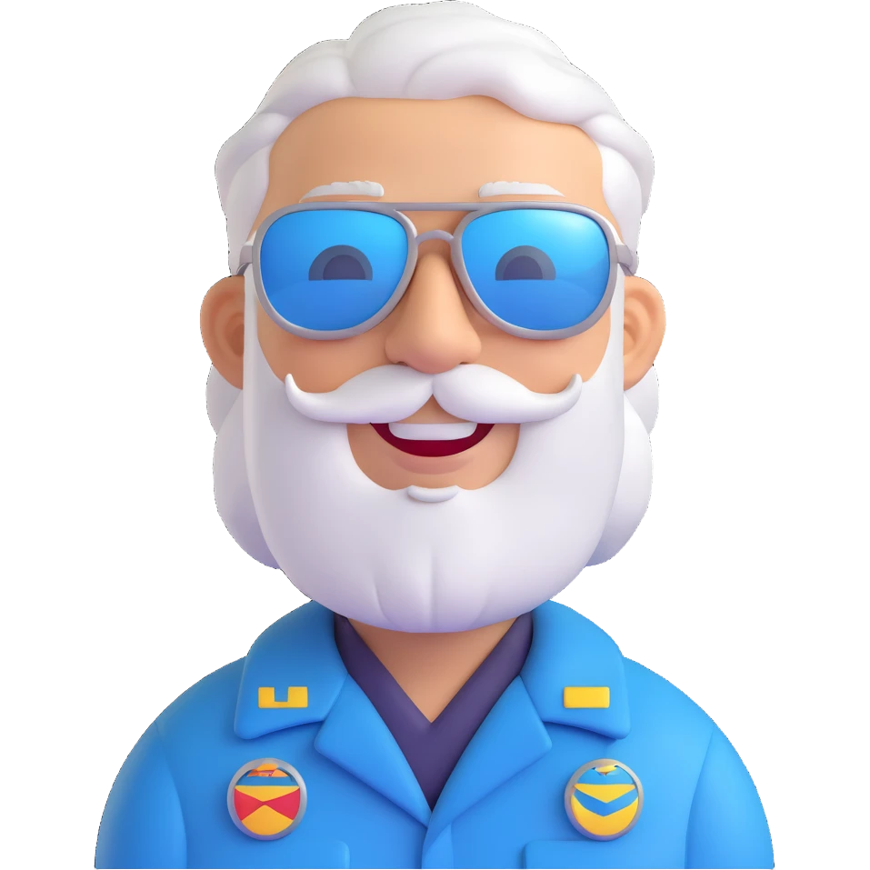 middle-aged male pilot, white skin, silver hair, beard, smiling, wearing sunglasses, bright friendly detailed 3D cartoon style similar to Apple emoji style emoji
