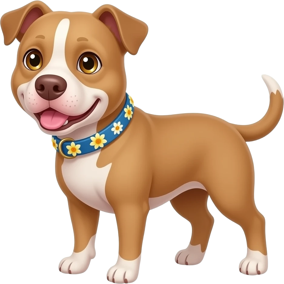 Tan pit mix with pink nose and white stripe down her nose and gold eyes happy pup she’s a girl she doesn’t have spots and she has a blue collar with daffodils emoji