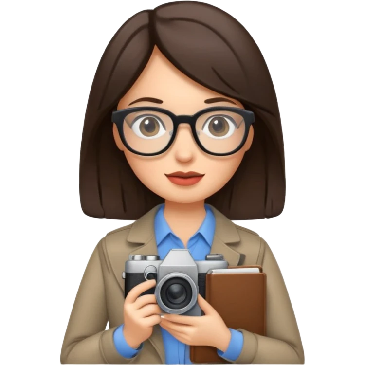 journalist brunette woman with glasses holding camera and notebook emoji