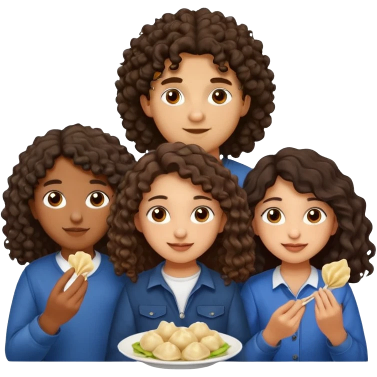 Can you create an emoji of three 23 year olds eating dumplings. One boy with wavy curly hair and one Jewish girl with long dark brown curly hair and one half Indian / half white girl with mid length straight dark brown hair. All brown eyes emoji