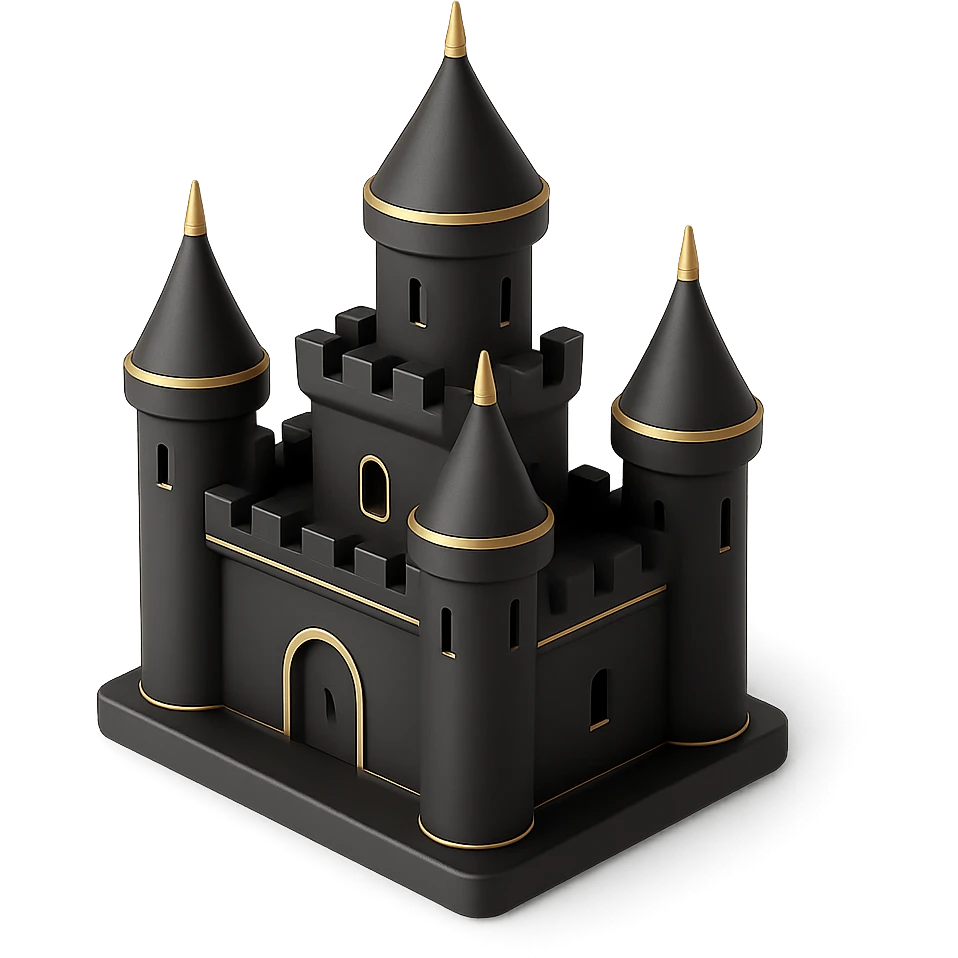 a gold castle in 3D black style emoji