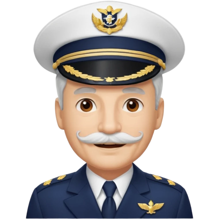A light-skinned mid-aged man with brown eyes and white mustache, smiling while wearing a white captain’s hat with a navy emblem. emoji