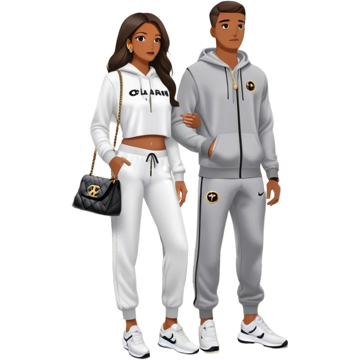 Realistic Man living his dream standing in the master bedroom of a mansion. He’s boo’d up with a pretty Brownskin big booty woman wearing a Chanel outfit and Bvlgari watch with her holding a Chanel bag. The man has on a Nike Tech Fleece sweatsuit. The man isn’t holding a bag emoji
