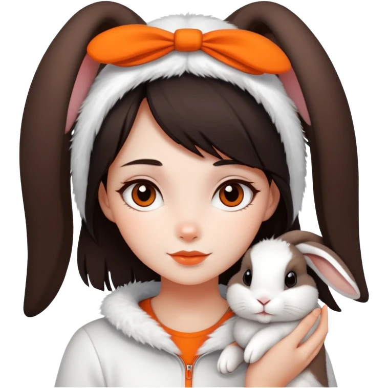 Dark brown hair girl with her white hair rabbit. The rabbit has a orange line in its head emoji