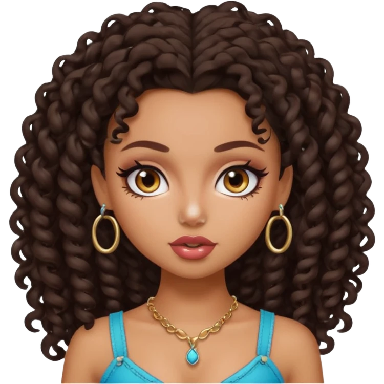 pretty bratz baddie, dark brown curly head, tan skin, nose piercing emoji