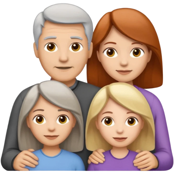 Family emoji showing a family of five. Father has grey hair, mother has mixed grey/brown hair, three daughters with blonde, brunette and redhead hair colors. emoji