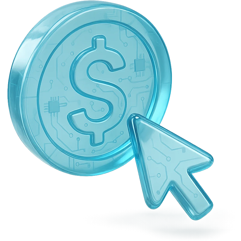Icon of a coin with a mouse cursor clicking on it, modern and sleek, cyan blue emoji