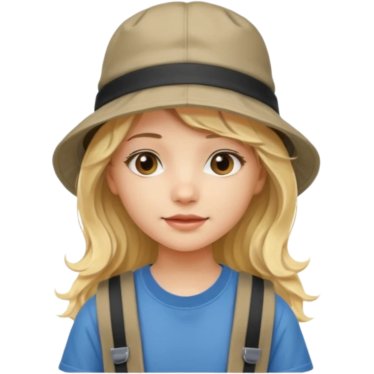 a young student girl with the backpack with bucket hat, blonde wavy long hair emoji