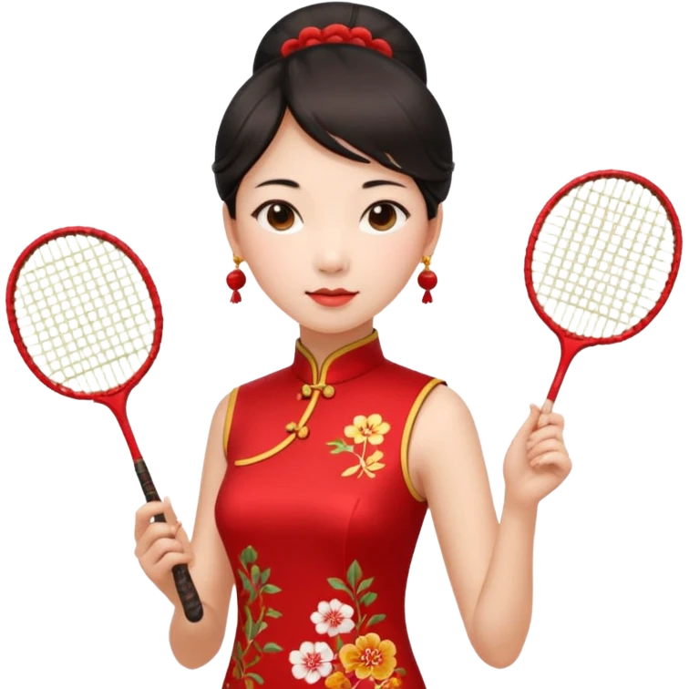 ancient cheongsam girl with 1 badminton racket, red emoji