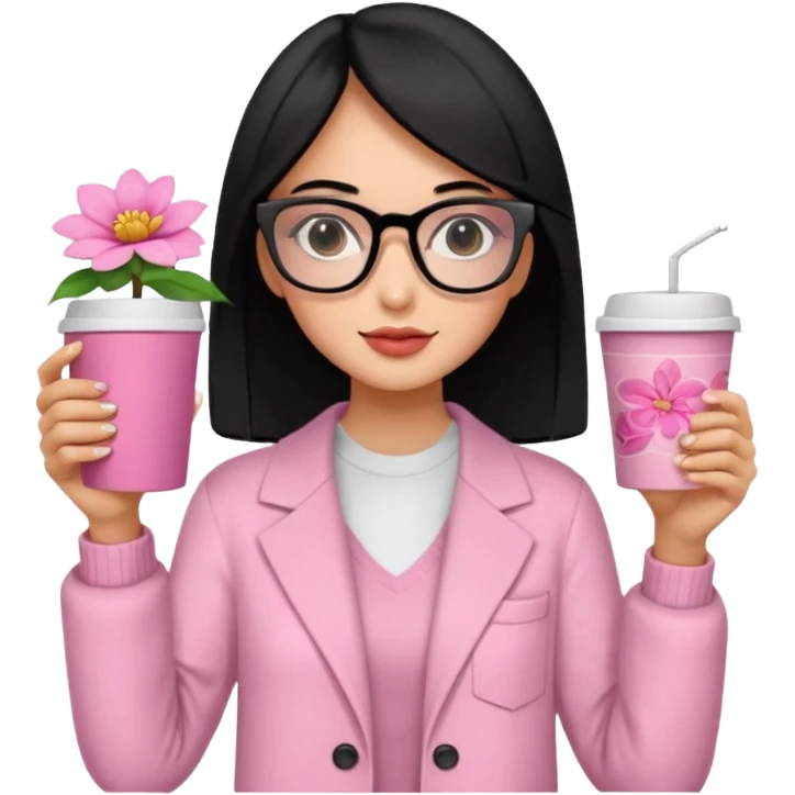 Chica de pelo negro ojos negros y piel morena con lentes oversize square con ropa bonita m pantallas pequenas de cristal , en la mano derecha una taza de cafe en color rosa con una flor negra de diseno. Sentada mirando la television. emoji